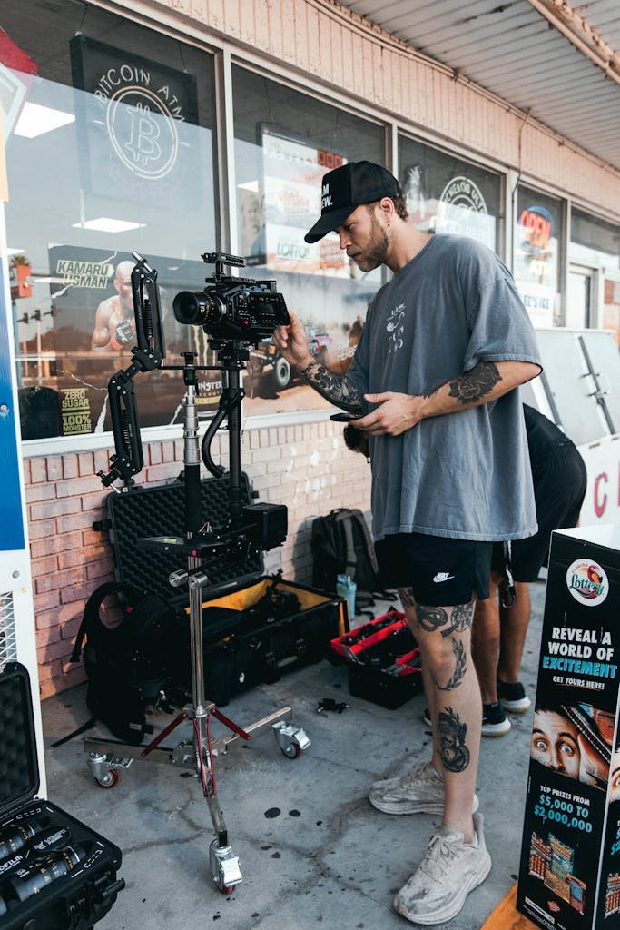Videographer ThisVidScat setting up camera gear outside a shop, capturing a scene.